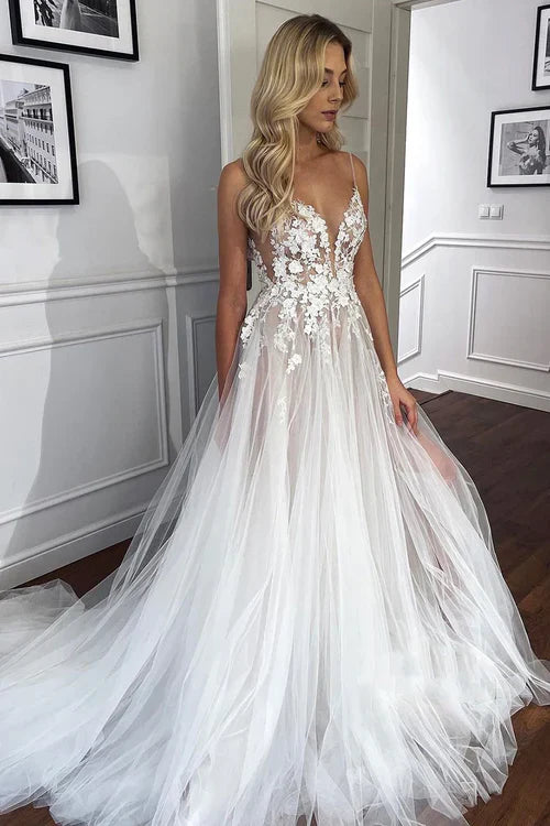 Aimishang Elegant Spaghetti Straps V-Neck Lace Appliques A-line Tulle Rustic Wedding Dress