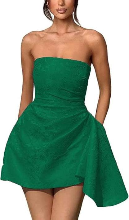 Sparkle Strapless Mini Party Dress Backless Satin Jacquard Homecoming Dress with Pocket