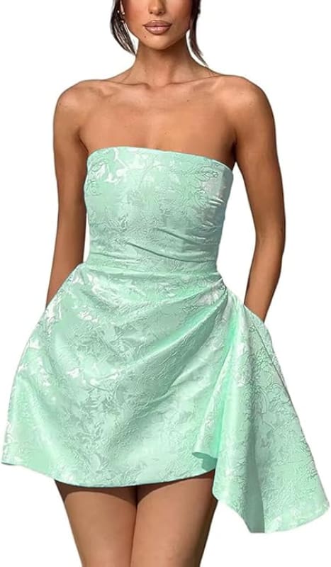 Sparkle Strapless Mini Party Dress Backless Satin Jacquard Homecoming Dress with Pocket