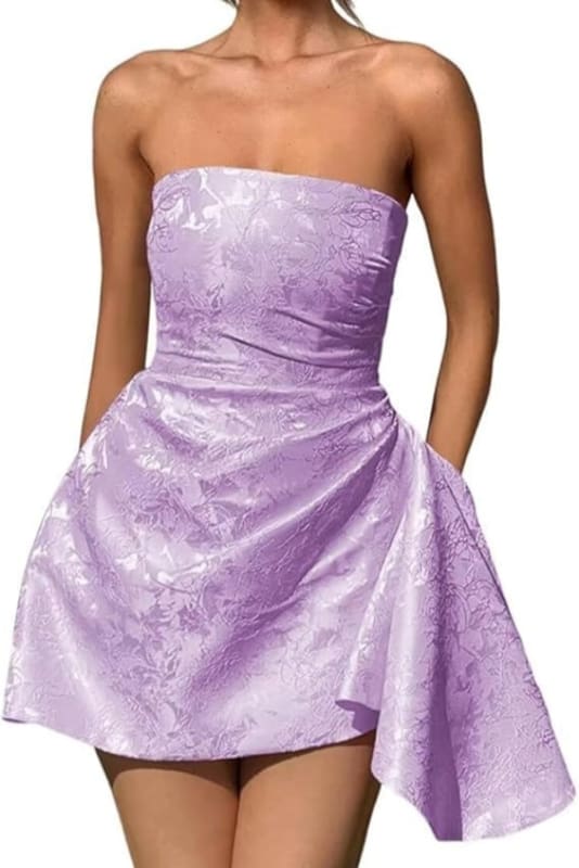Sparkle Strapless Mini Party Dress Backless Satin Jacquard Homecoming Dress with Pocket