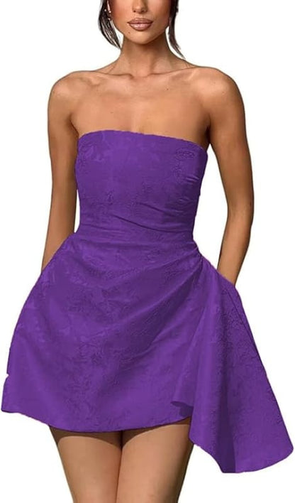 Sparkle Strapless Mini Party Dress Backless Satin Jacquard Homecoming Dress with Pocket