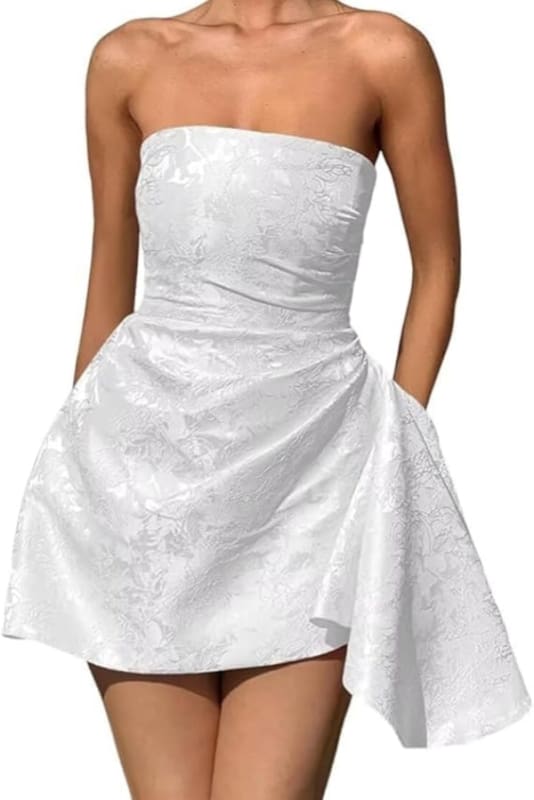 Sparkle Strapless Mini Party Dress Backless Satin Jacquard Homecoming Dress with Pocket