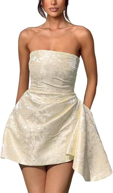 Sparkle Strapless Mini Party Dress Backless Satin Jacquard Homecoming Dress with Pocket