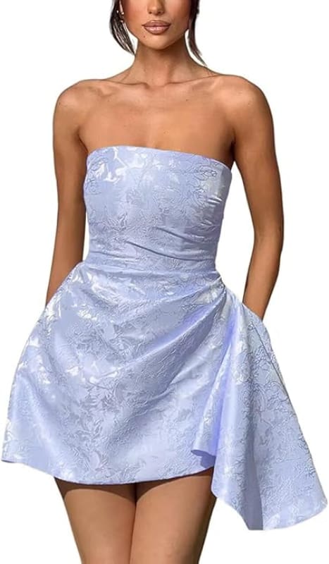 Sparkle Strapless Mini Party Dress Backless Satin Jacquard Homecoming Dress with Pocket