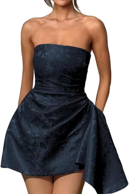 Sparkle Strapless Mini Party Dress Backless Satin Jacquard Homecoming Dress with Pocket