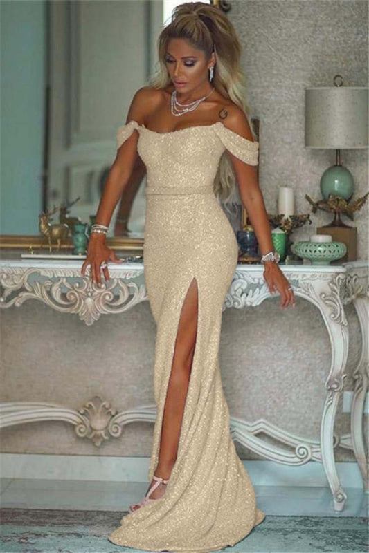Sparkling Sequined Mermaid Prom Gown High Slit Blushing Pink Evening Dress