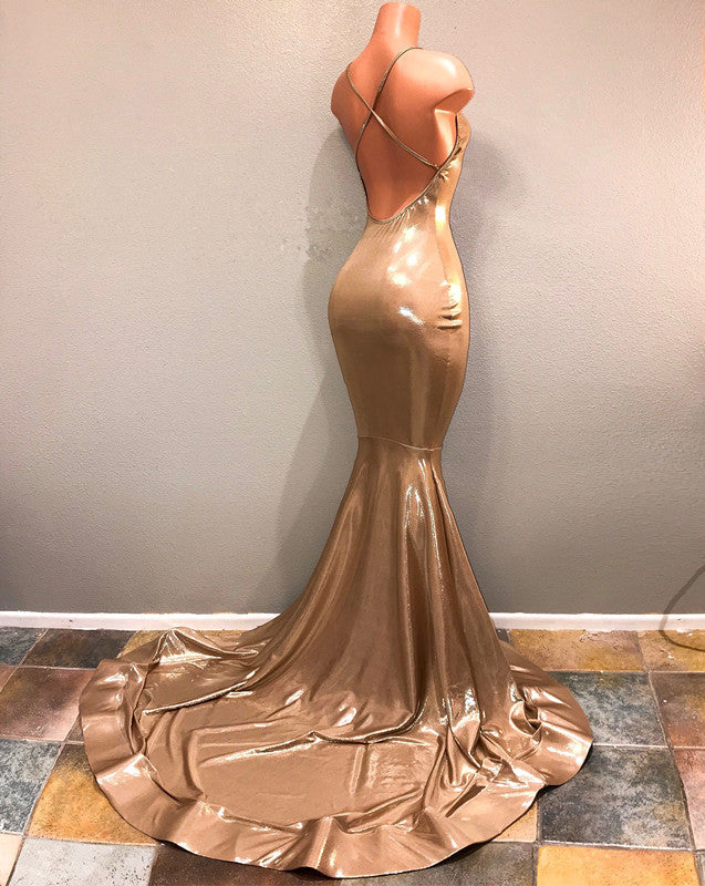 Sparkly Gold Sequins Spaghetti Straps Criss-Cross Prom Dress