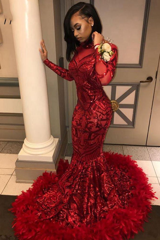 Sparkly Long Sleeve Sequin Mermaid Prom Dress Red Party Dress