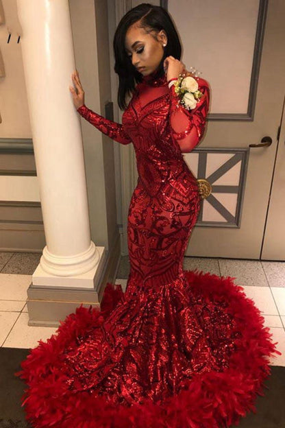 Sparkly Long Sleeve Sequin Mermaid Prom Dress Red Party Dress