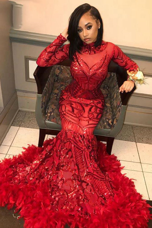 Sparkly Long Sleeve Sequin Mermaid Prom Dress Red Party Dress