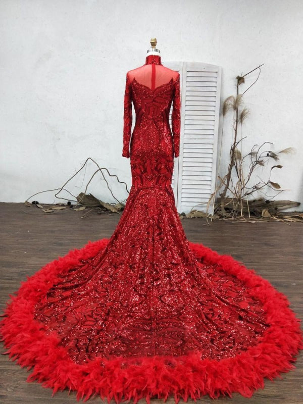 Sparkly Long Sleeve Sequin Mermaid Prom Dress Red Party Dress