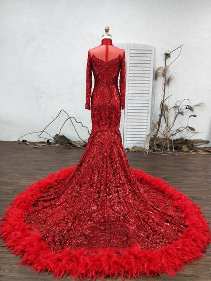 Sparkly Long Sleeve Sequin Mermaid Prom Dress Red Party Dress