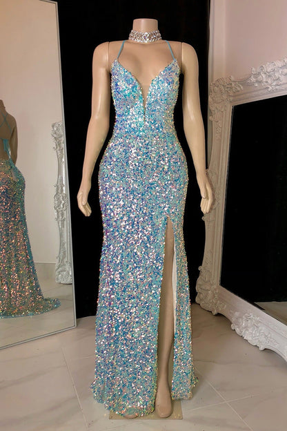Sparkly Sequins Spaghetti Straps Side Slit Open Back Prom Dress