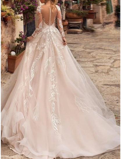 Aimishang Formal Wedding Dresses A-Line V Neck Long Sleeve Court Train Tulle Bridal Gowns With Pleats Appliques