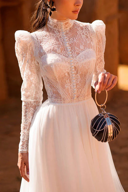 A Line Muslim high necked lace long sleeved retro wedding dress