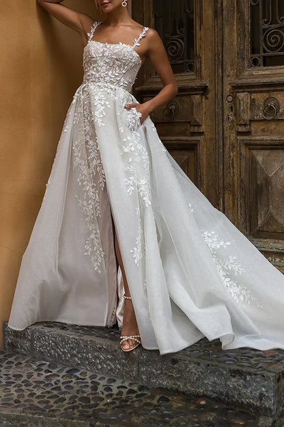 Line square lace decal rural style slit wedding dress
