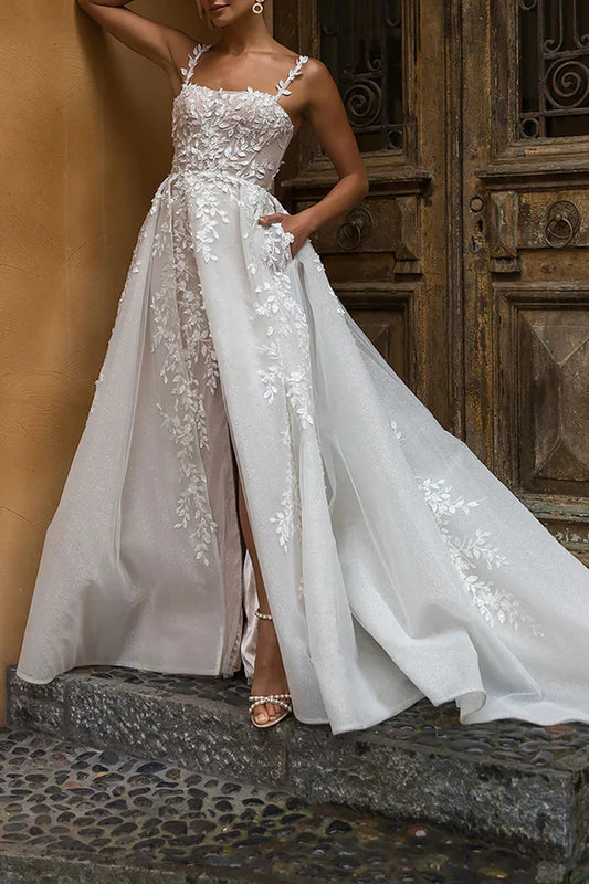 Line square lace decal rural style slit wedding dress