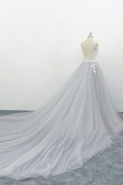 Square Neck Appliques Tulle A-line Wedding Dress