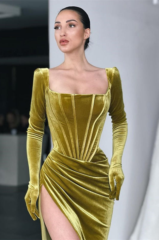 Square Neck Long Sleeve Prom Dress Velvet With Slit