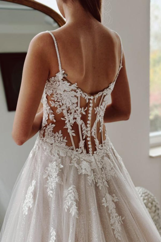 Square Neck Sleeveless A Line Wedding Dresses with Lace Appliques
