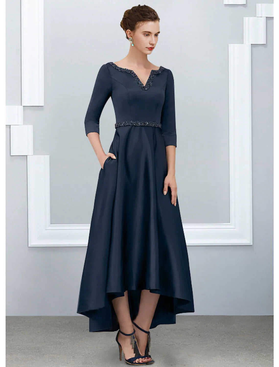 Aimishang  A-Line Mother of the Bride Dress Elegant High Low V Neck Asymmetrical Ankle Length Satin Half Sleeve with Pleats