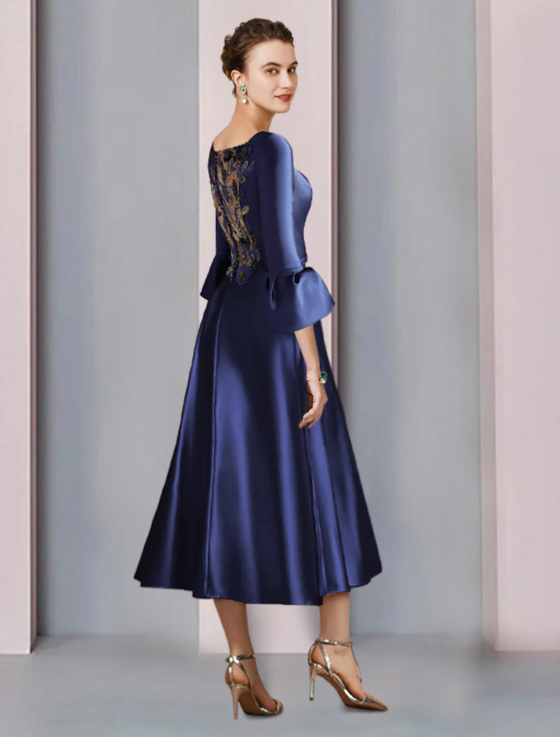 Aimishang A-Line Mother of the Bride Dress Formal Wedding Guest Elegant Bateau Neck Tea Length Satin 3/4 Length Sleeve