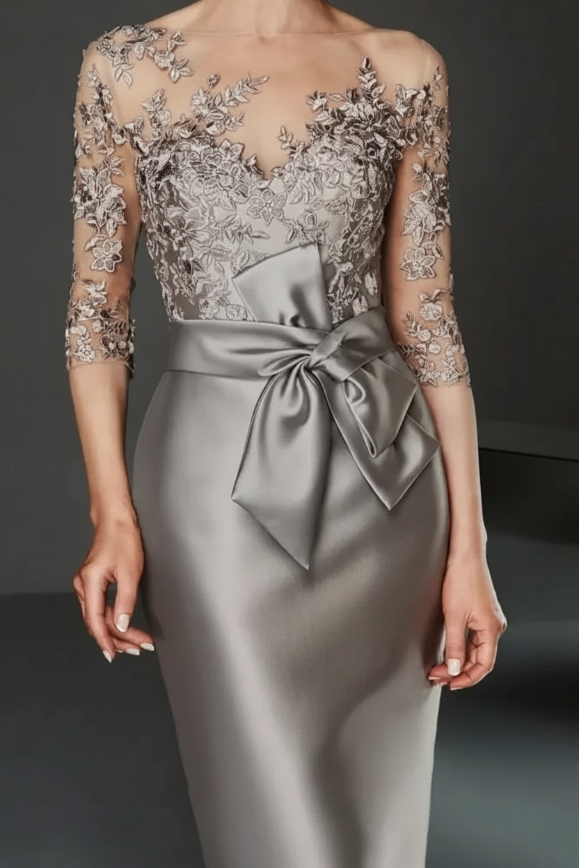 Bateau 3/4 Long Sleeves Satin Mother of the Bride Dresses with Lace