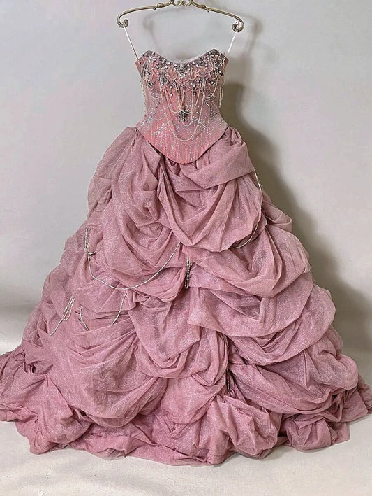 Girlhomeshops-Pink Gorgeous Beaded Sparkling Elegant Long Tulle Ball Gown gh5320