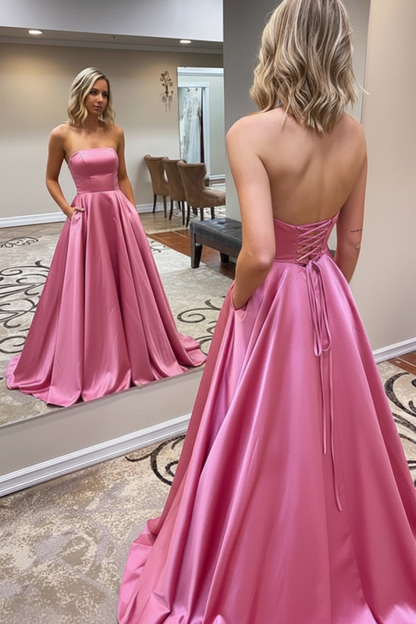Strapless Backless Emerald Green Long Prom Dress with Pocket Satin Formal Dress