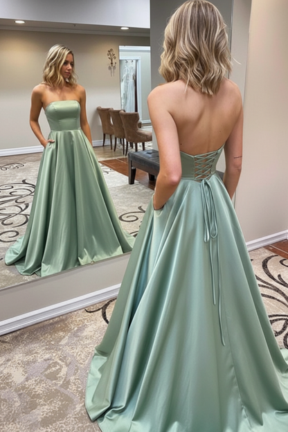 Strapless Backless Emerald Green Long Prom Dress with Pocket Satin Formal Dress