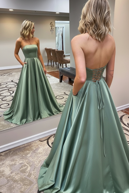 Strapless Backless Emerald Green Long Prom Dress with Pocket Satin Formal Dress