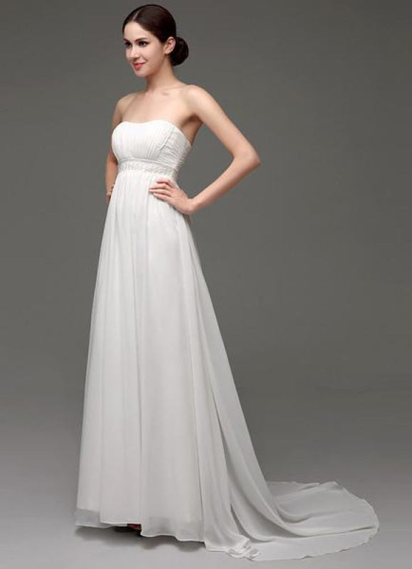 Strapless Chiffon A-Line Empire Waist Wedding Gown With Pearl Belt