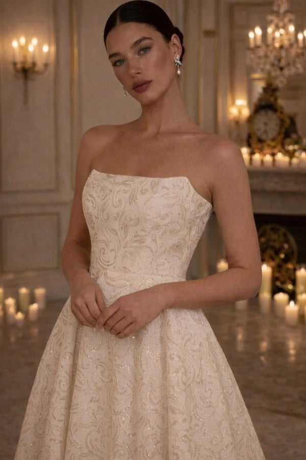 Strapless Satin High-Low Wedding Dress Backless Aline Bridal Dress with Sequins