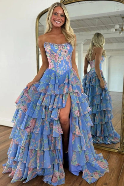 Strapless Floral Tulle Aline Evening Dress Front Split Corset Prom Dress