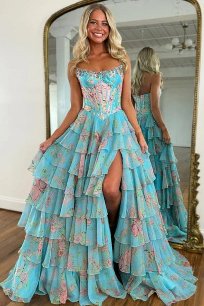 Strapless Floral Tulle Aline Evening Dress Front Split Corset Prom Dress