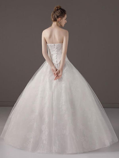 Strapless Lace Applique Beaded Ivory Princess Ball Gown