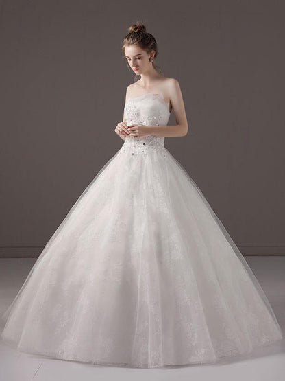 Strapless Lace Applique Beaded Ivory Princess Ball Gown