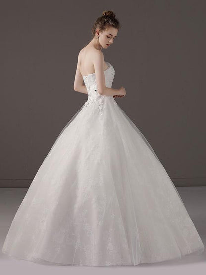 Strapless Lace Applique Beaded Ivory Princess Ball Gown
