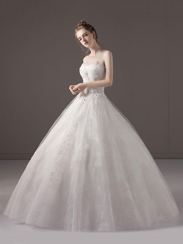 Strapless Lace Applique Beaded Ivory Princess Ball Gown