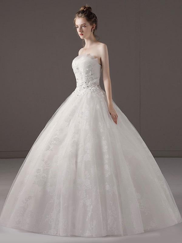 Strapless Lace Applique Beaded Ivory Princess Ball Gown