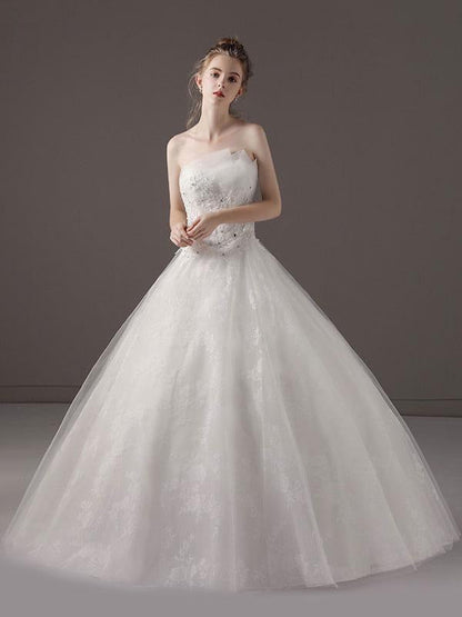 Strapless Lace Applique Beaded Ivory Princess Ball Gown