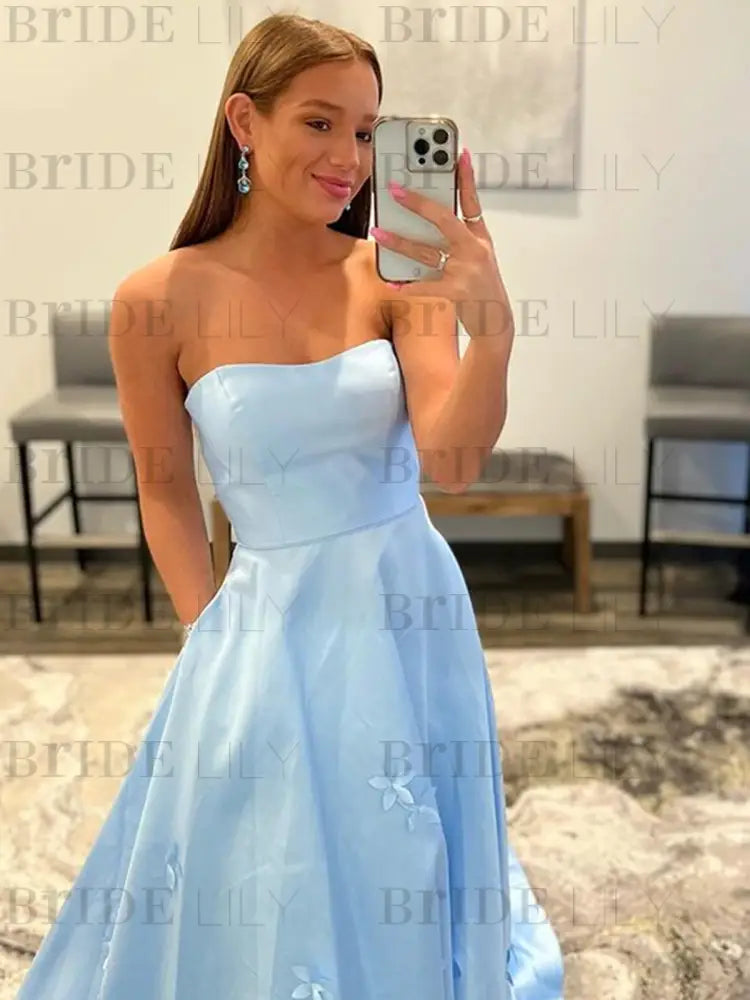 Strapless Light Blue Satin Prom Dresses 3D Flowers A-line Evening Dresses with Pocket