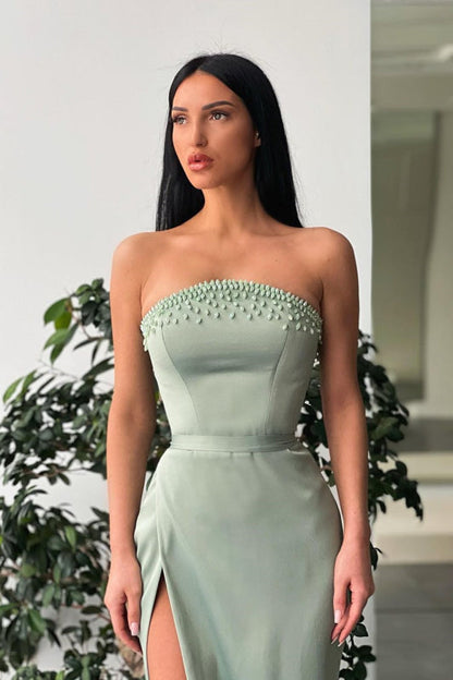 Sage Green Strapless Beadings Mermaid Prom Dress with Slit