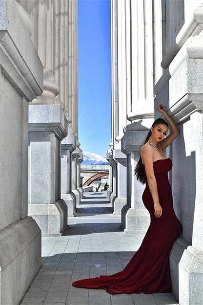 Strapless Mermaid Evening Prom Dress Burgundy Sweetheart Long Dress