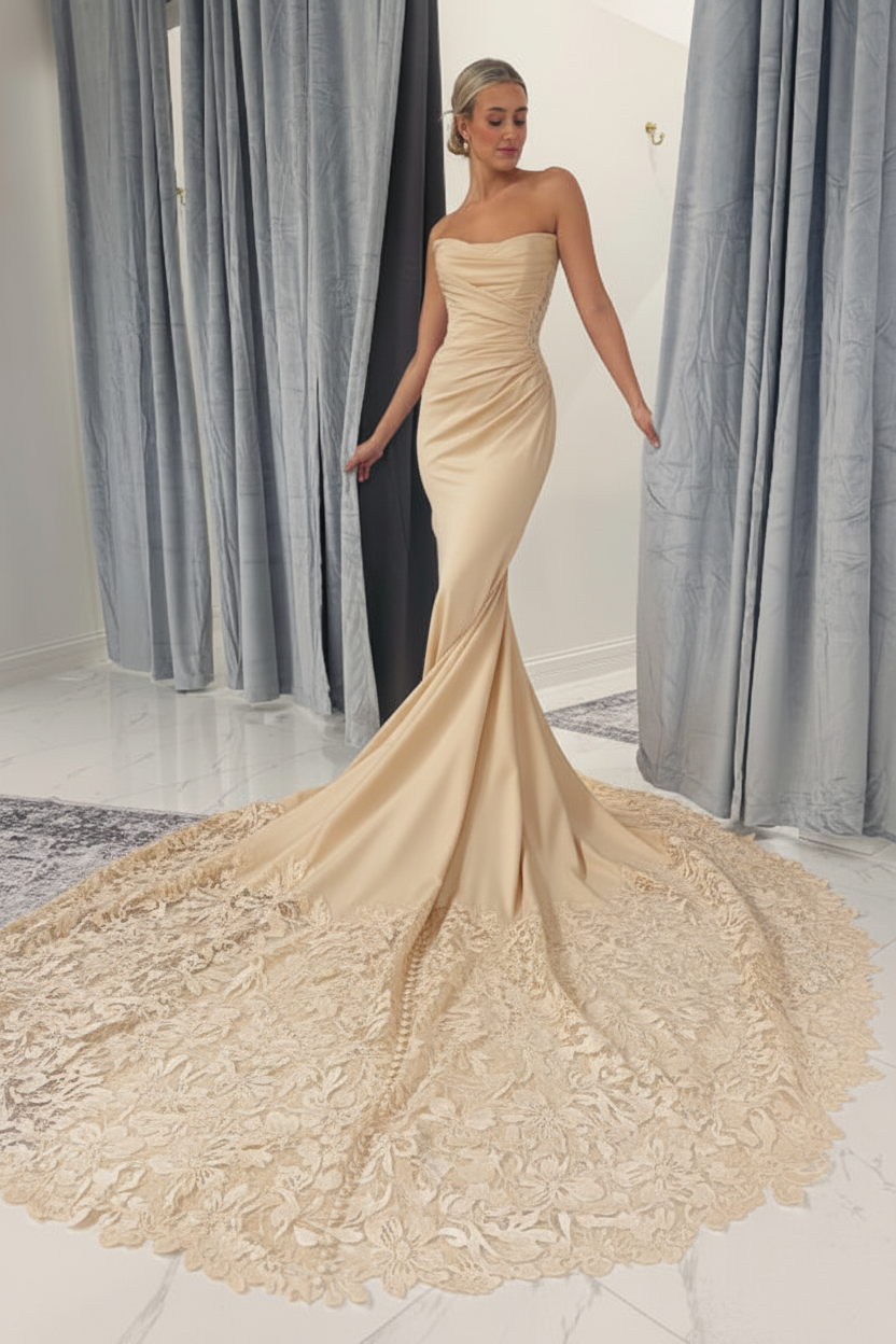 Strapless Mermaid Lace Appliques Wedding Dress Sweetheart Bridal Dress with Train