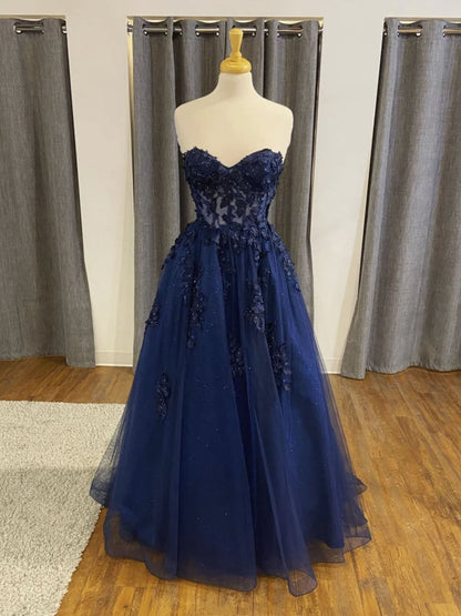 Strapless Navy Blue Lace Beaded Prom Dresses Sweetheart Aline Evening Dresses