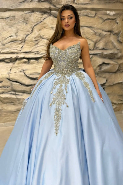 Strapless Pink Court Train Quinceanera Dresses Beadings Satin Ball Gown