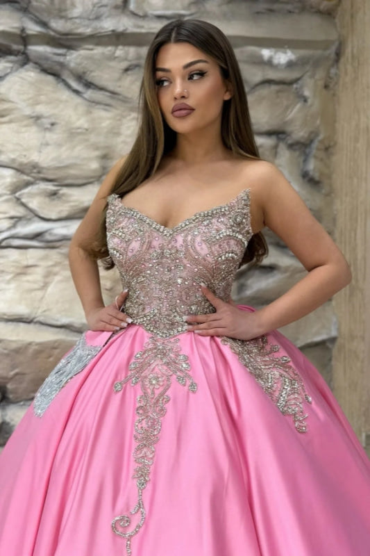 Strapless Pink Court Train Quinceanera Dresses Beadings Satin Ball Gown