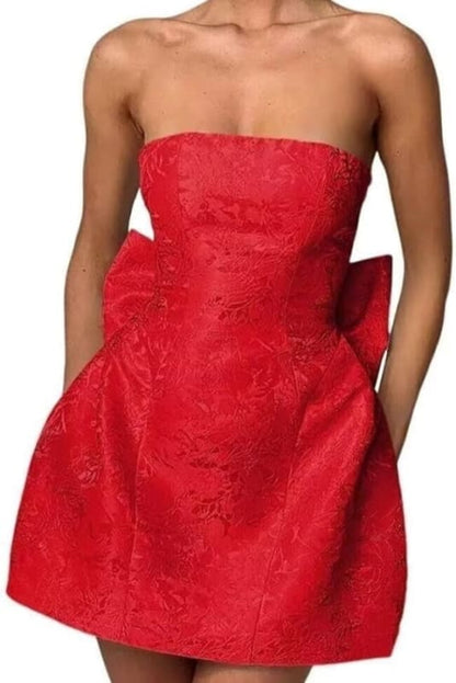 Strapless Ruched Satin SHort Party Dress Backless Jacquard Homecoming Dress with Bow