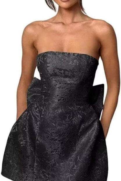 Strapless Ruched Satin SHort Party Dress Backless Jacquard Homecoming Dress with Bow